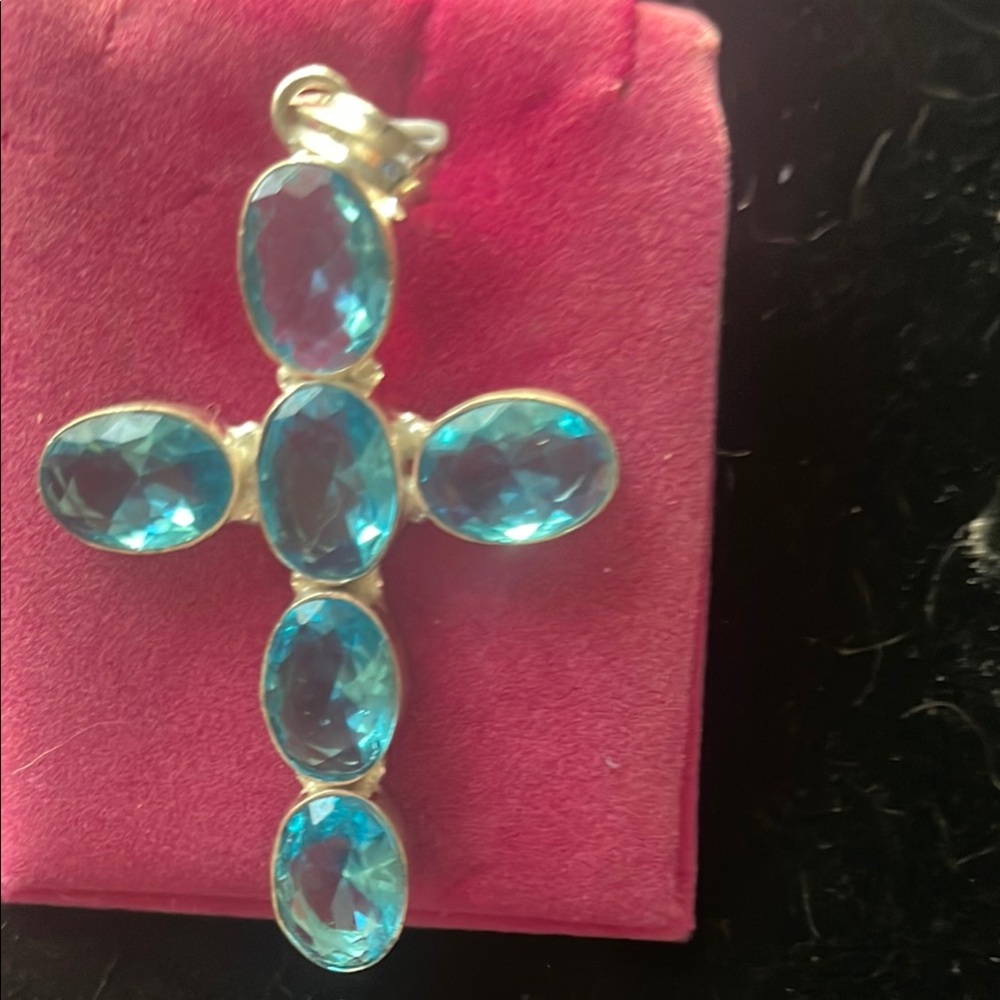 London Blue Topaz 6 Gemstone Cross pendant with Elegant Design - Picture 1 of 7